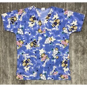 Medline Scrub Top Women Small Blue Angel Star Print V-Neck ComfortEase 8800 JAF